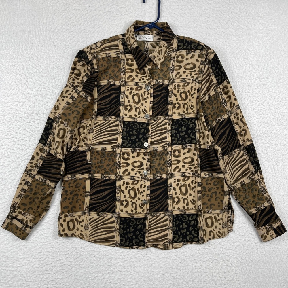 Kathy Che Blouse Womens 16 Brown Animal Print Patchwork Safari Long Sleeve‎